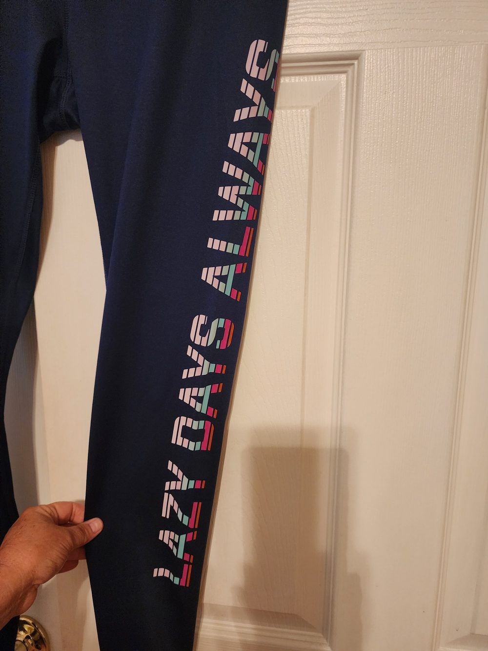 Women's Navy Leggings with Side 'LAZY DAYS ALWAYS' Print NWOT - Picture 3 of 3